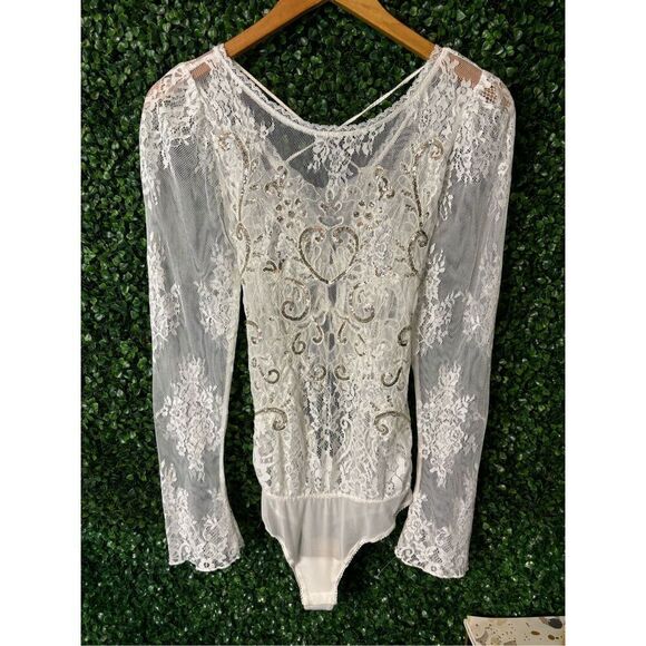 NWT $168 FREE PEOPLE Ready To Party Bodysuit White Embellished Lace Mesh Sheer S - Picture 5 of 9